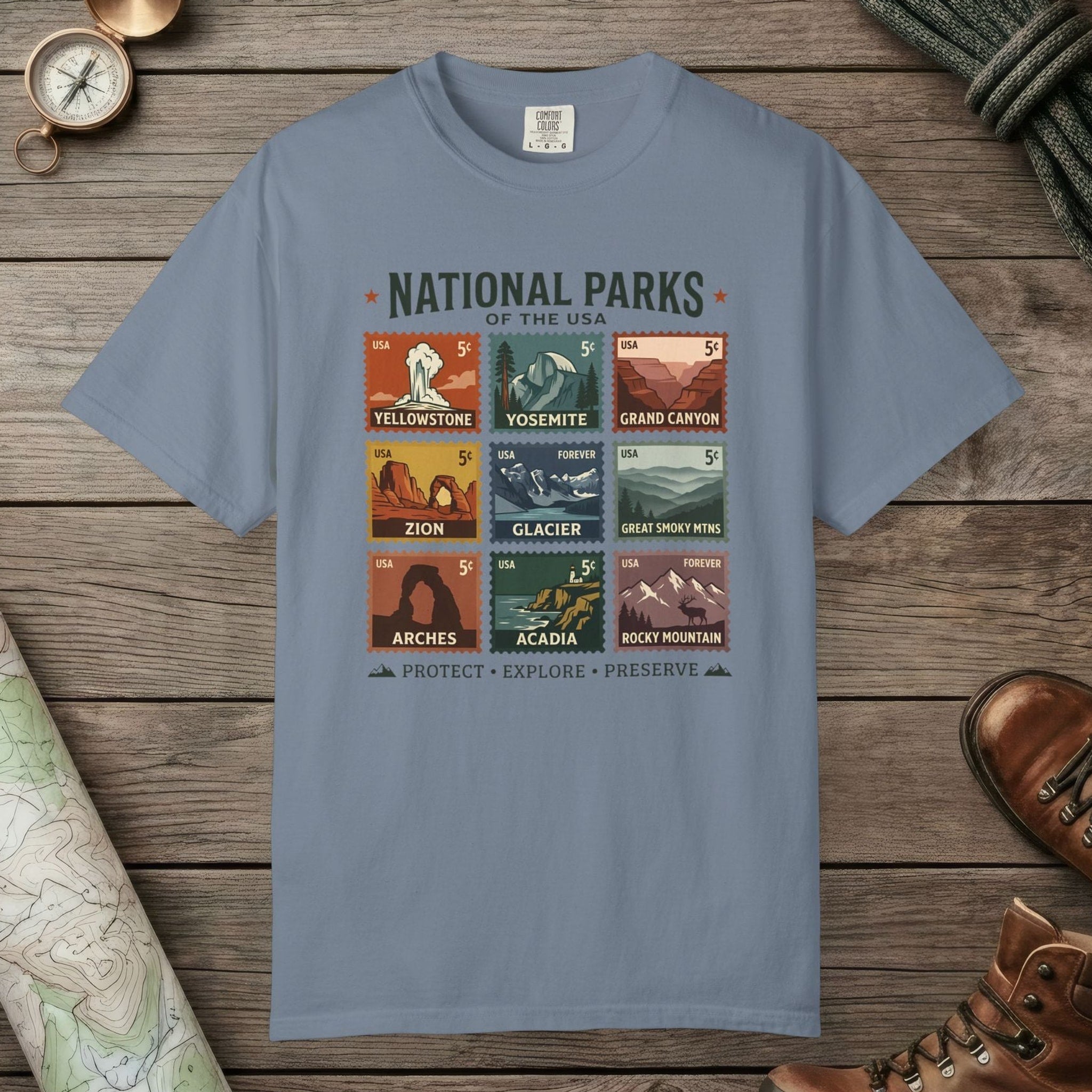 Blue Jean color unisex graphic t-shirt with "National Parks of The USA" design