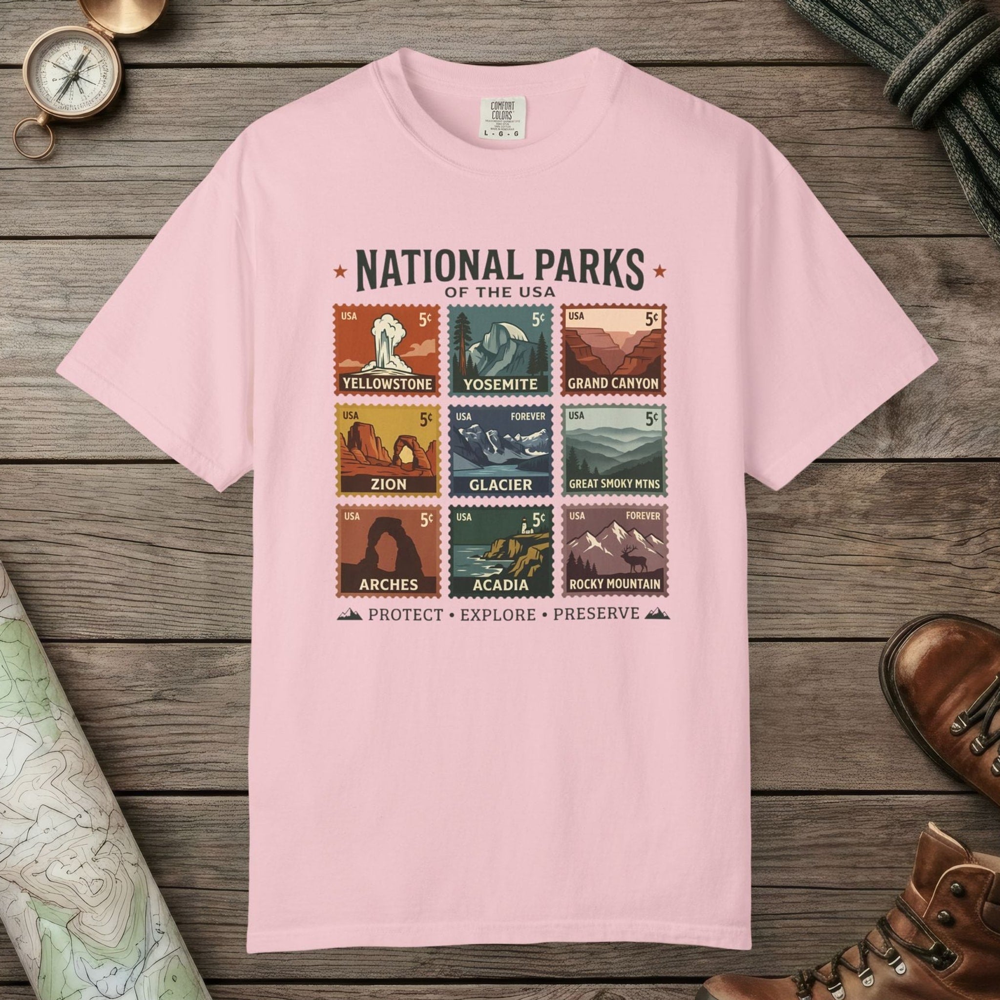 Blossom color unisex graphic t-shirt with "National Parks of The USA" design
