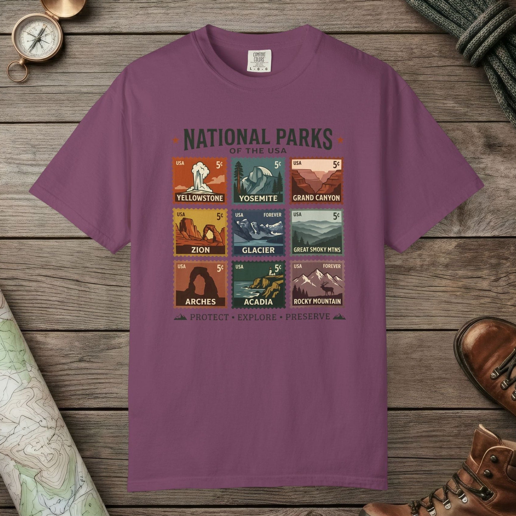 Berry color unisex graphic t-shirt with "National Parks of The USA" design