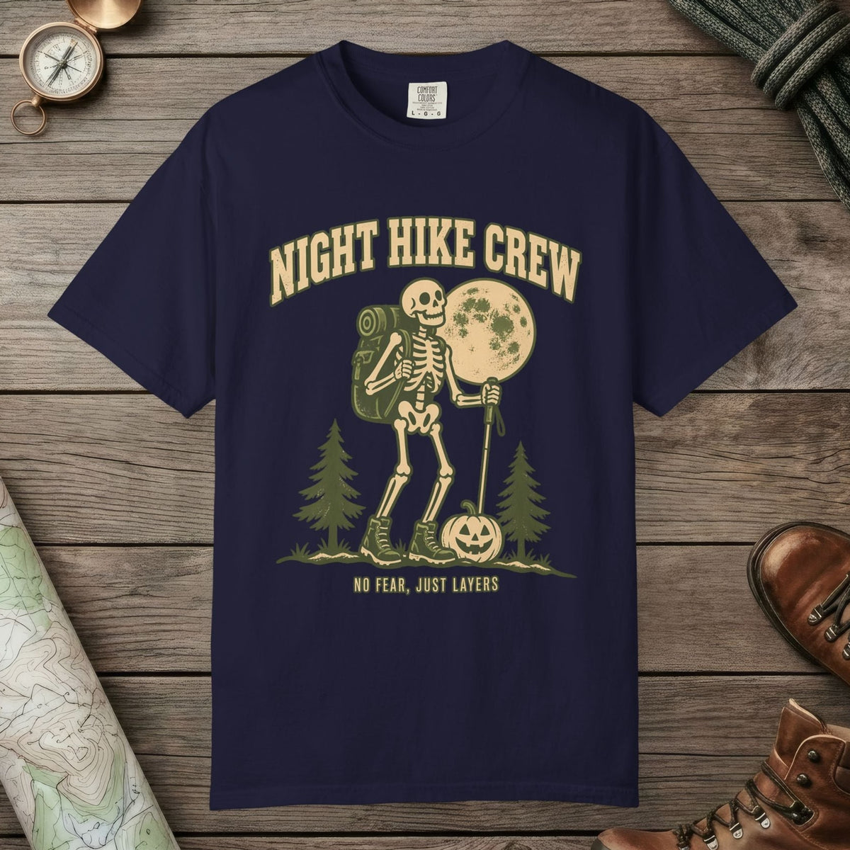 True Navy color unisex graphic t-shirt with "Night Hike" design