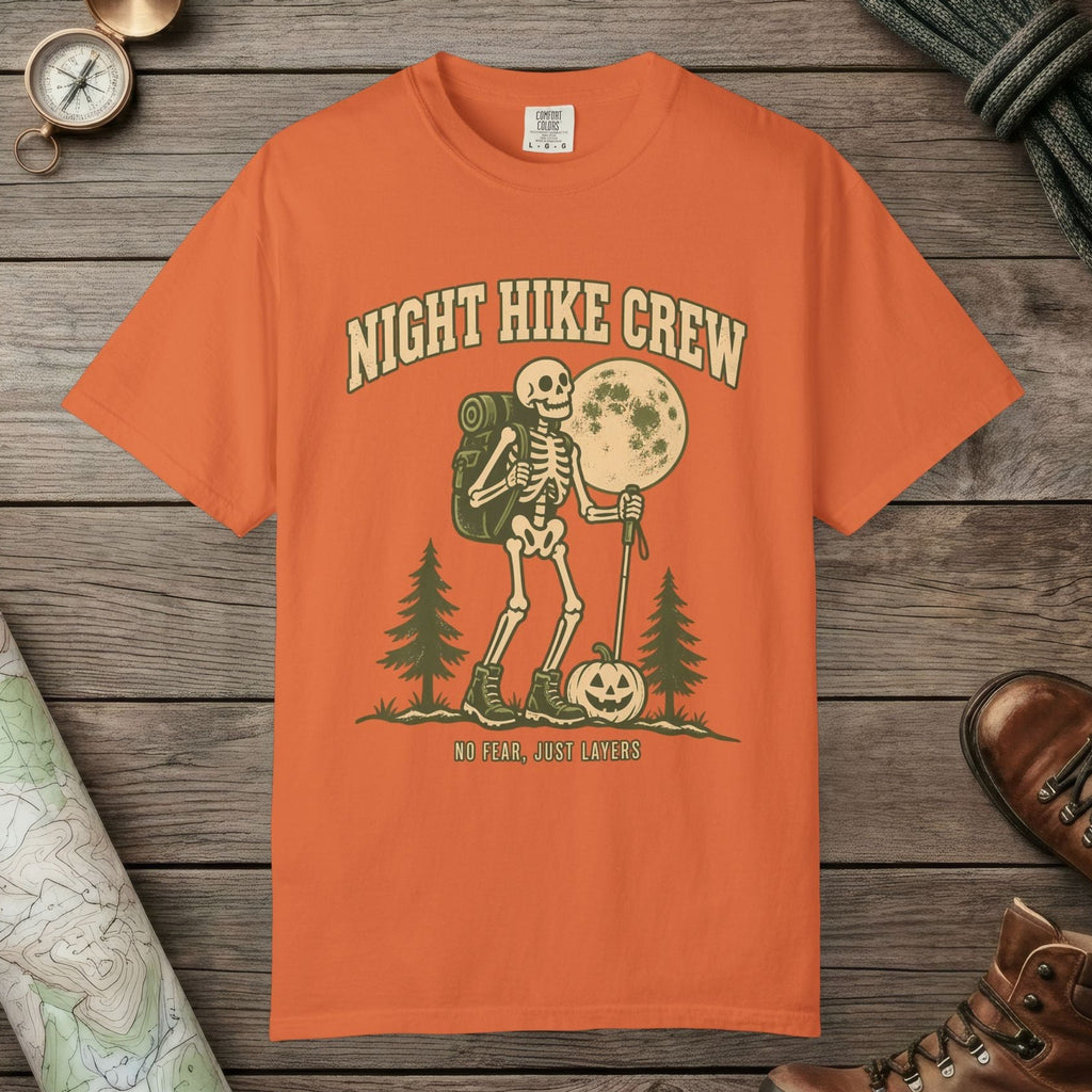 Burnt Orange color unisex graphic t-shirt with "Night Hike" design