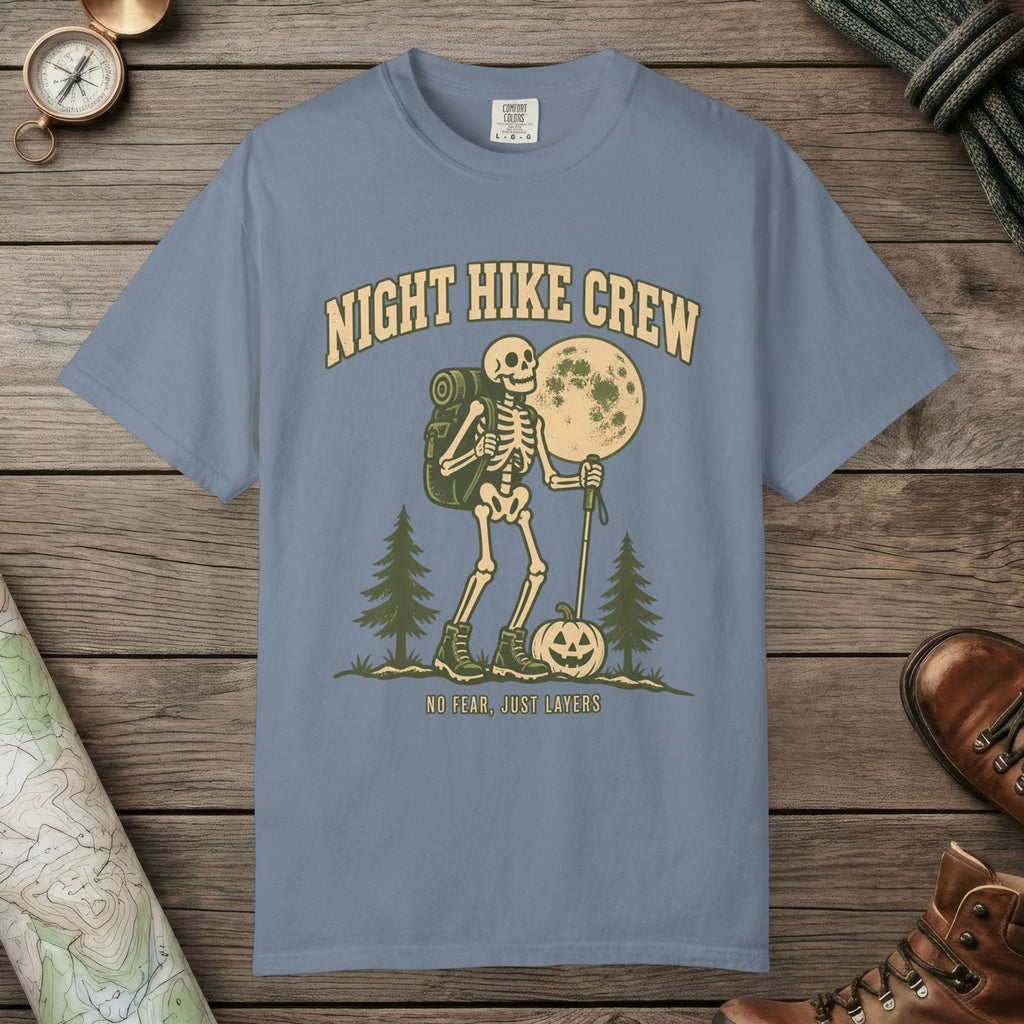 Blue Jean color unisex graphic t-shirt with "Night Hike" design