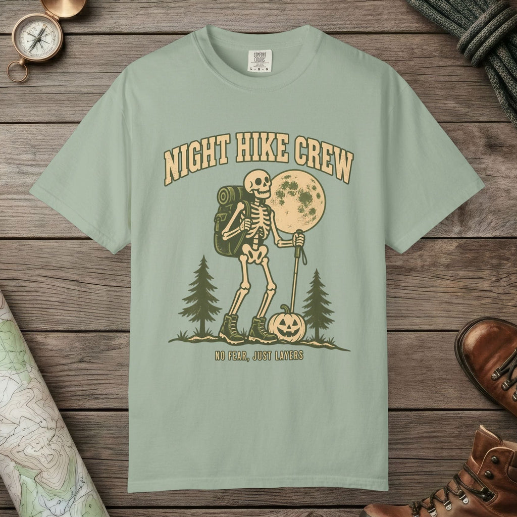 Bay color unisex graphic t-shirt with "Night Hike" design