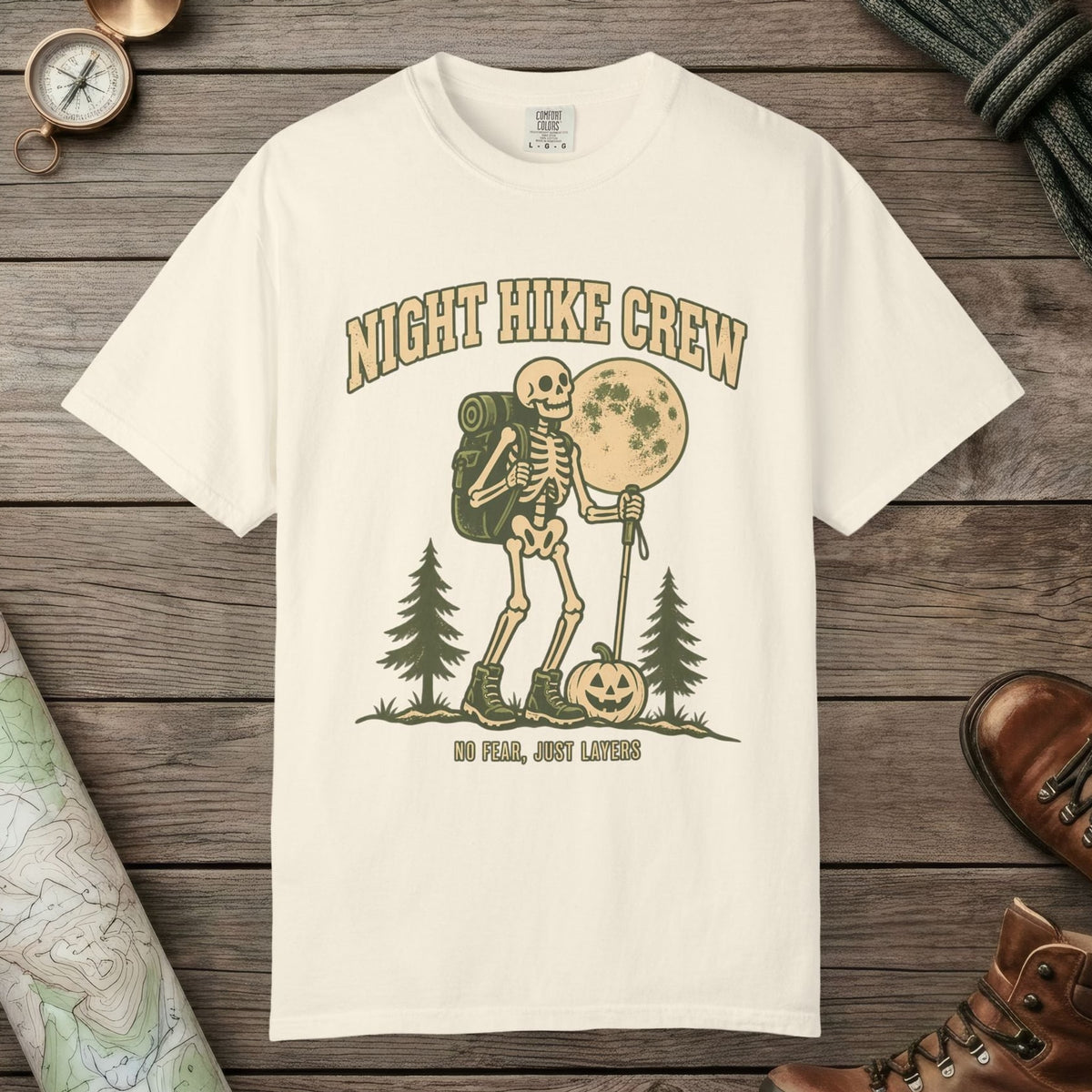 Ivory color unisex graphic t-shirt with "Night Hike" design