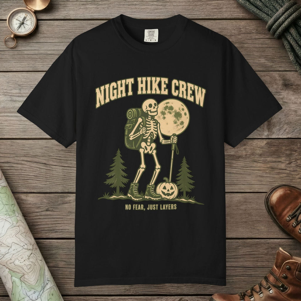 Black color unisex graphic t-shirt with "Night Hike" design