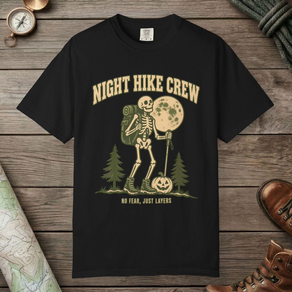 Black color unisex graphic t-shirt with "Night Hike" design