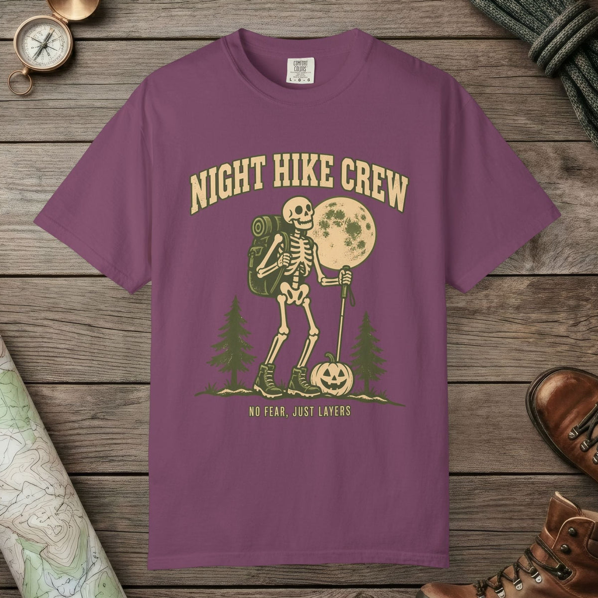 Berry color unisex graphic t-shirt with "Night Hike" design