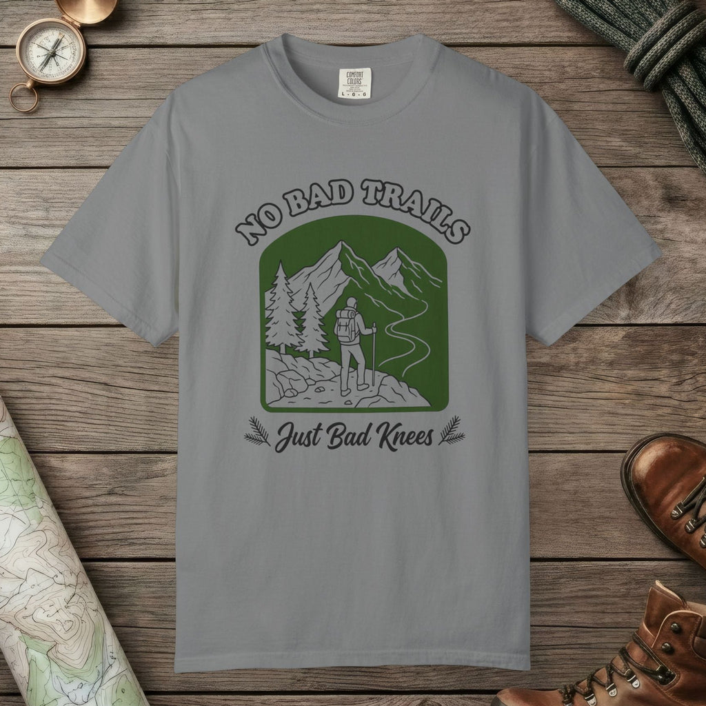 Grey color unisex graphic t-shirt with "No Bad Trails" design
