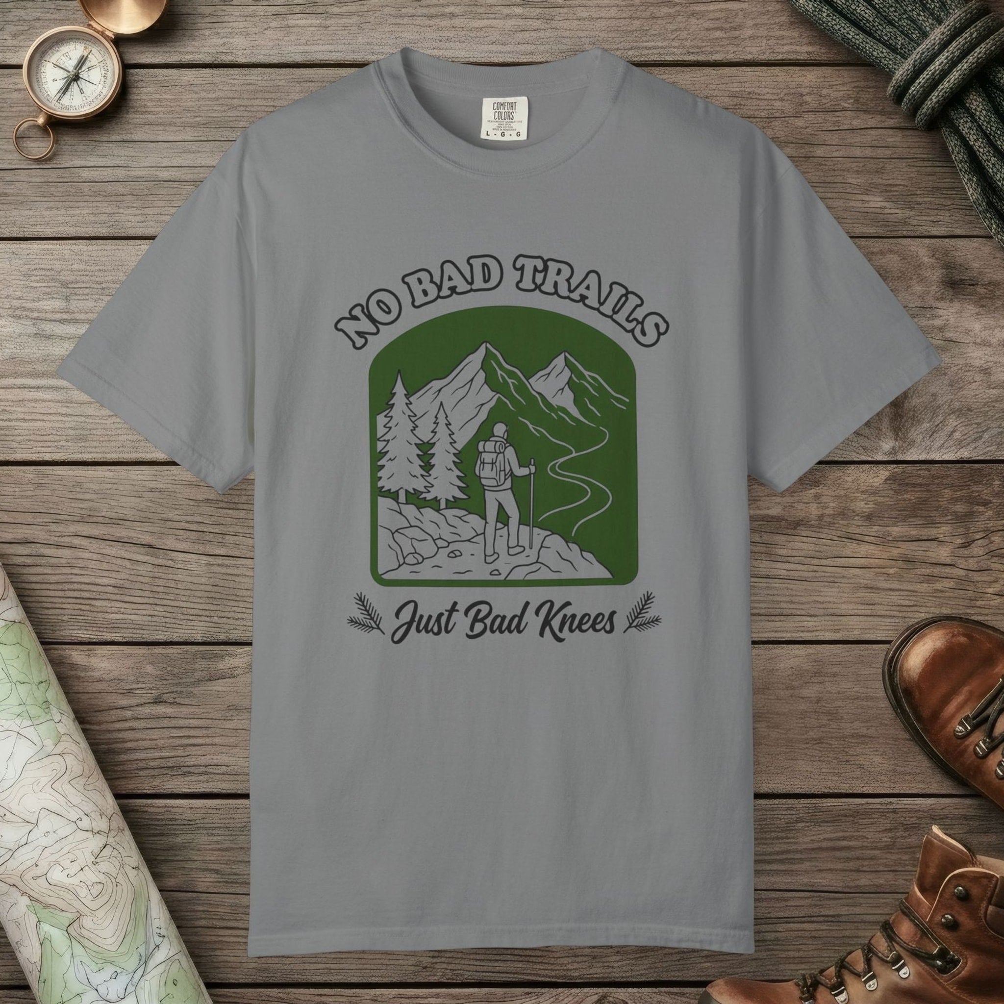 Grey color unisex graphic t-shirt with "No Bad Trails" design
