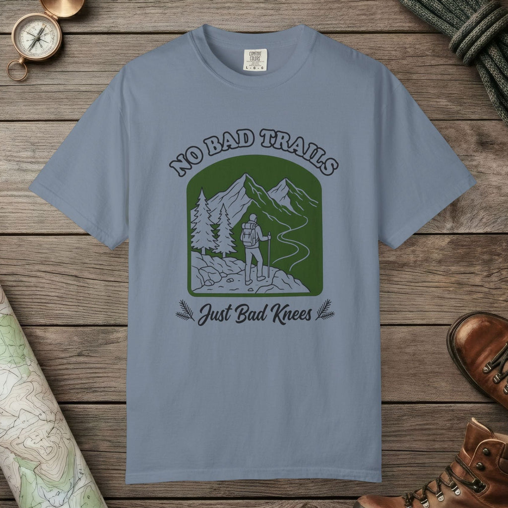 Blue Jean color unisex graphic t-shirt with "No Bad Trails" design