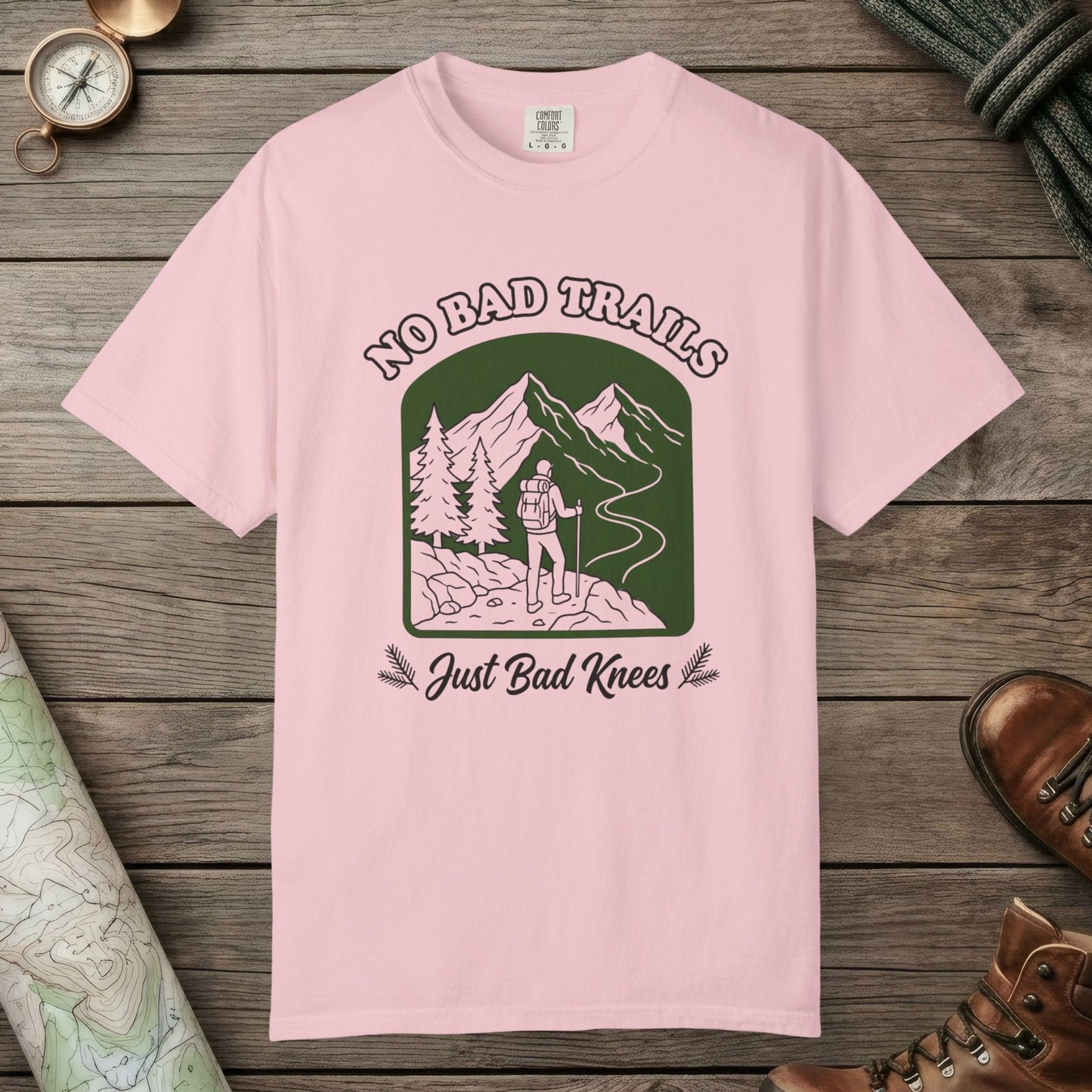 Blossom color unisex graphic t-shirt with "No Bad Trails" design