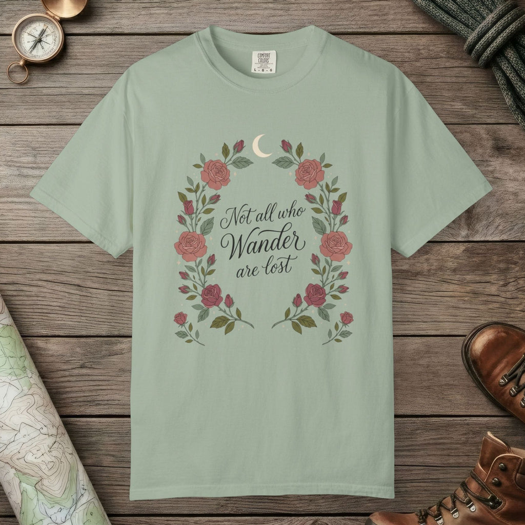 Bay color unisex graphic t-shirt with "Not All Who Wanders" design