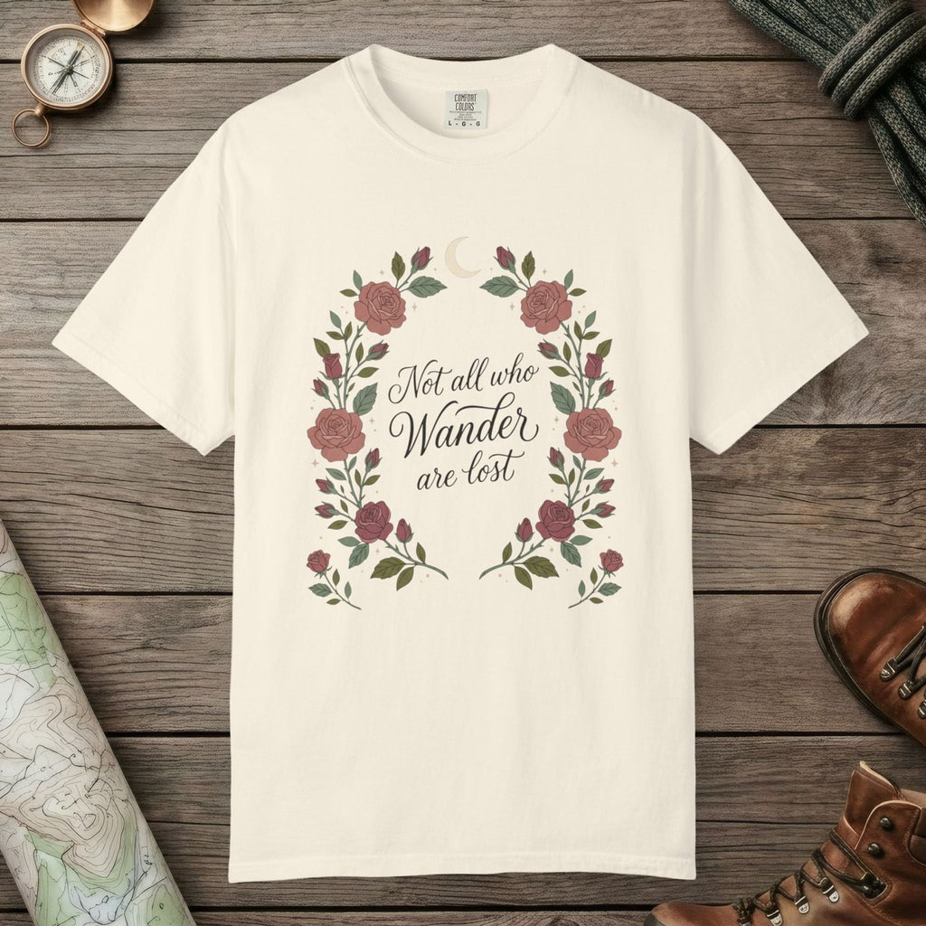 Ivory color unisex graphic t-shirt with "Not All Who Wanders" design