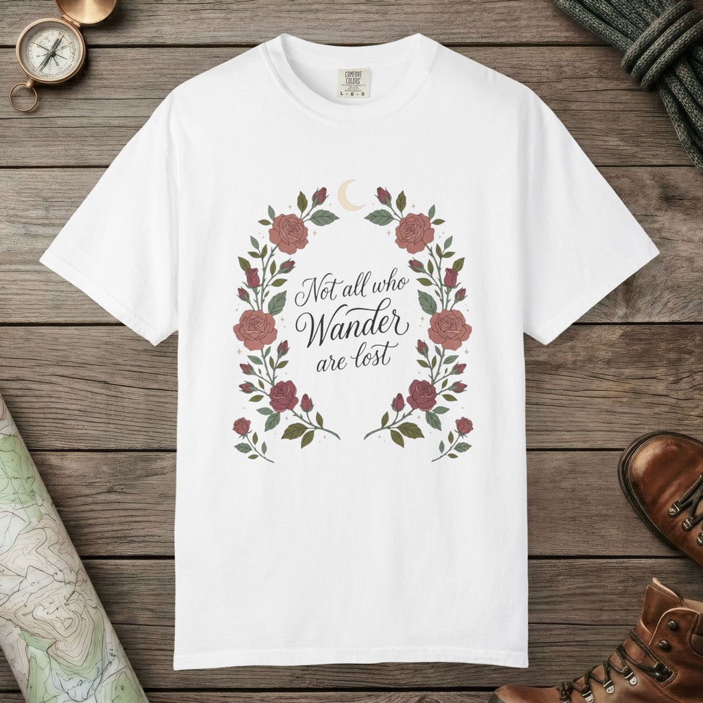 White color unisex graphic t-shirt with "Not All Who Wanders" design