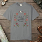 Grey color unisex graphic t-shirt with "Not All Who Wanders" design