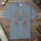 Blue Jean color unisex graphic t-shirt with "Not All Who Wanders" design