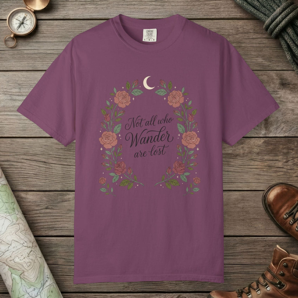 Berry color unisex graphic t-shirt with "Not All Who Wanders" design