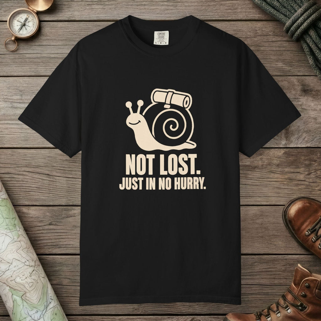 Black color unisex graphic t-shirt with "Not Lost Snail" design