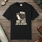 Black color unisex graphic t-shirt with "Not Lost Snail" design