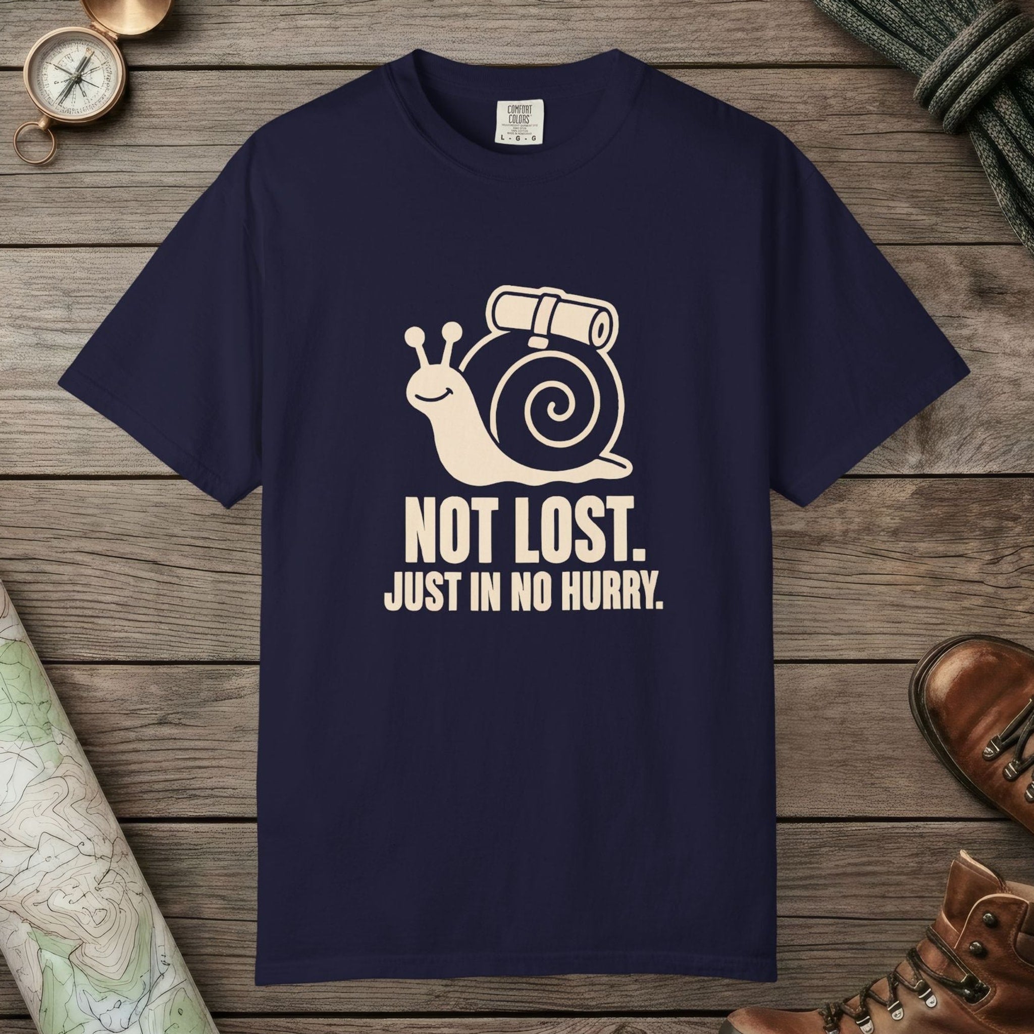 True Navy color unisex graphic t-shirt with "Not Lost Snail" design
