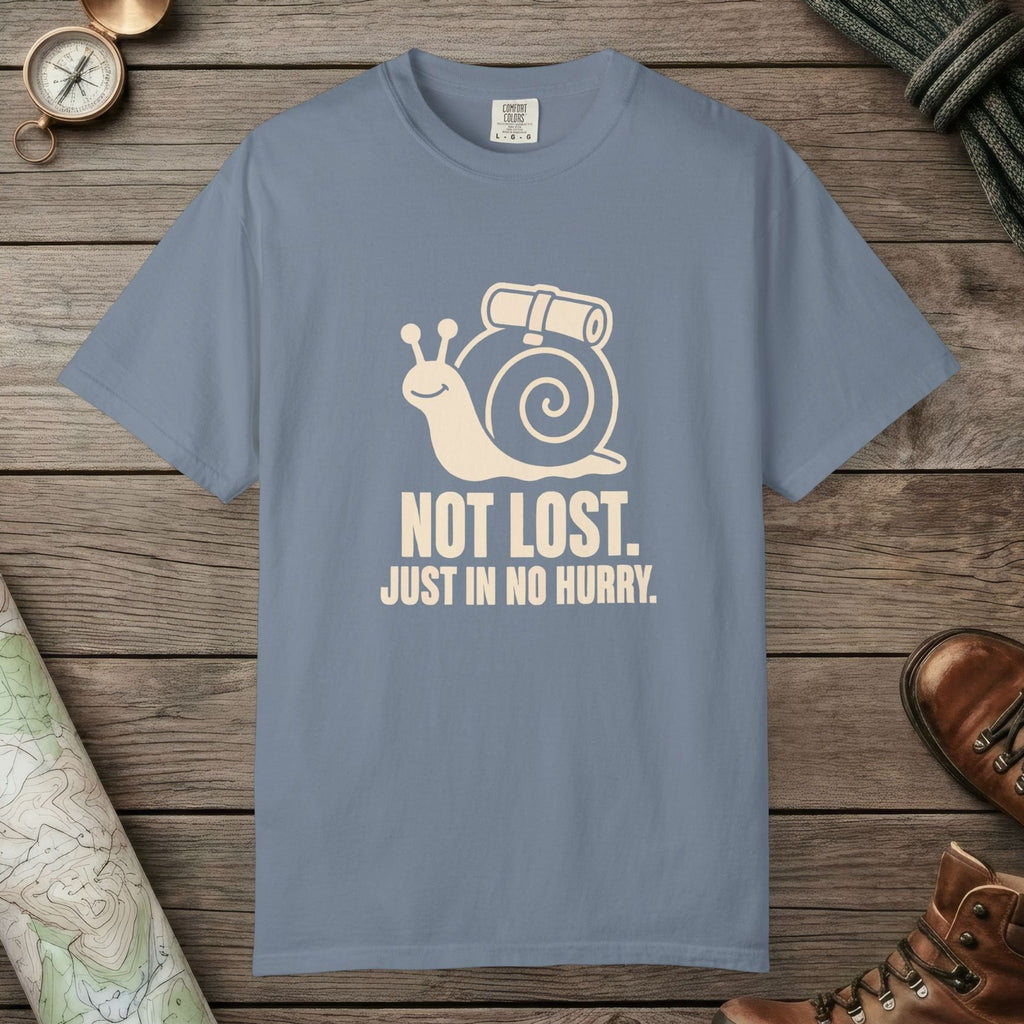 Blue Jean color unisex graphic t-shirt with "Not Lost Snail" design