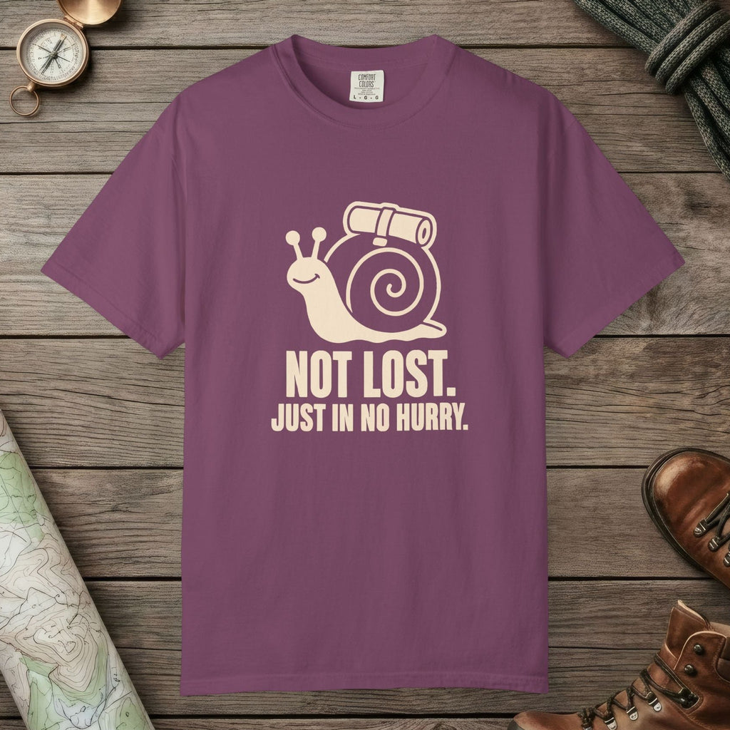 Berry color unisex graphic t-shirt with "Not Lost Snail" design