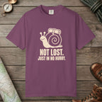 Berry color unisex graphic t-shirt with "Not Lost Snail" design