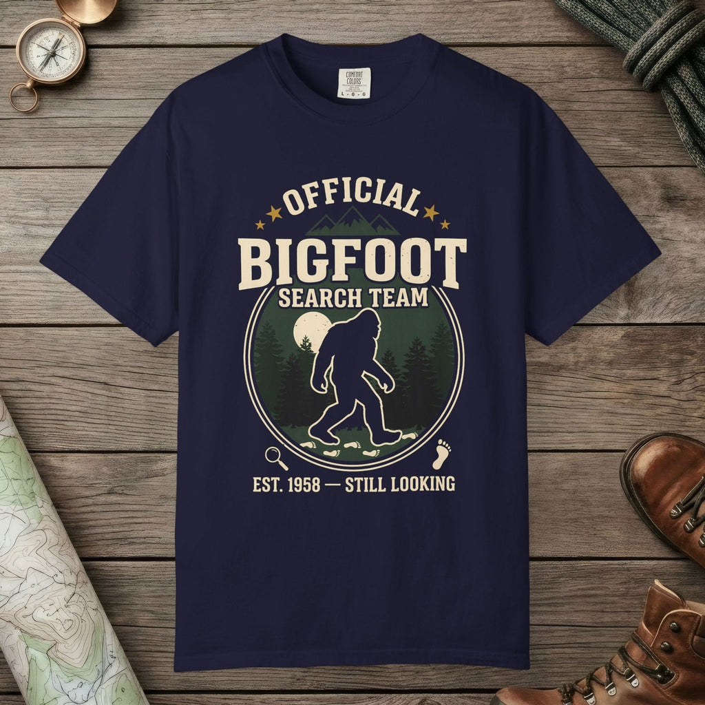 True Navy color unisex graphic t-shirt with "Official Bigfoot Search Team" design