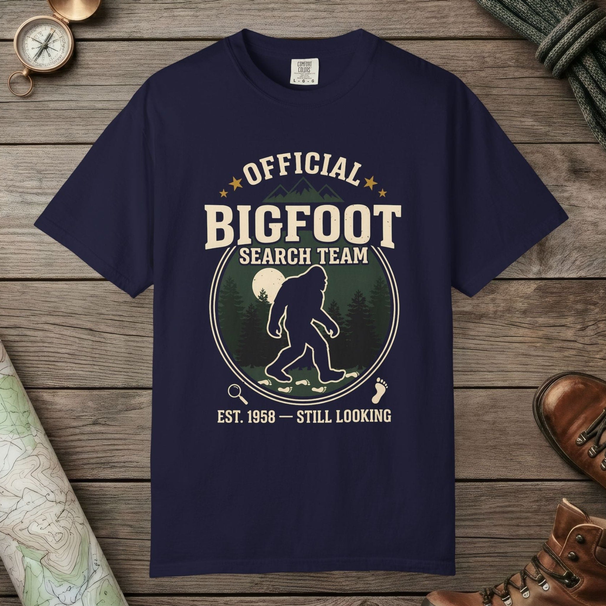 True Navy color unisex graphic t-shirt with "Official Bigfoot Search Team" design