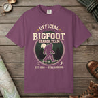 Berry color unisex graphic t-shirt with "Official Bigfoot Search Team" design