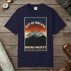 True Navy color unisex graphic t-shirt with "Out Of Breath Barely Alive" design