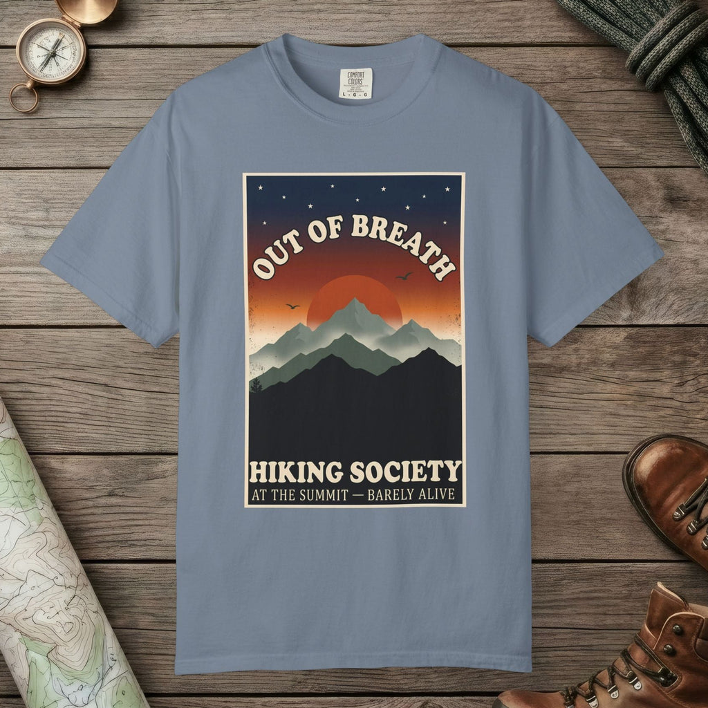 Blue Jean color unisex graphic t-shirt with "Out Of Breath Barely Alive" design