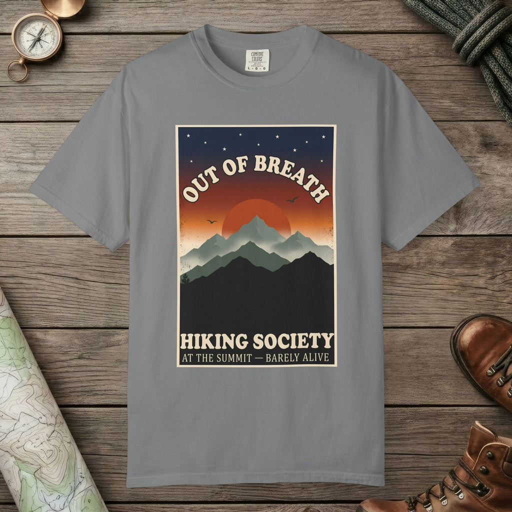 Grey color unisex graphic t-shirt with "Out Of Breath Barely Alive" design