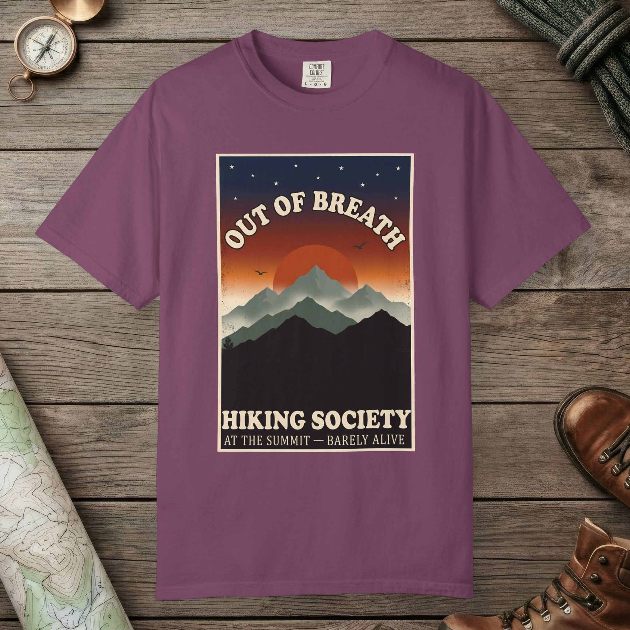 Berry color unisex graphic t-shirt with "Out Of Breath Barely Alive" design
