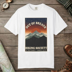 White color unisex graphic t-shirt with "Out Of Breath Barely Alive" design