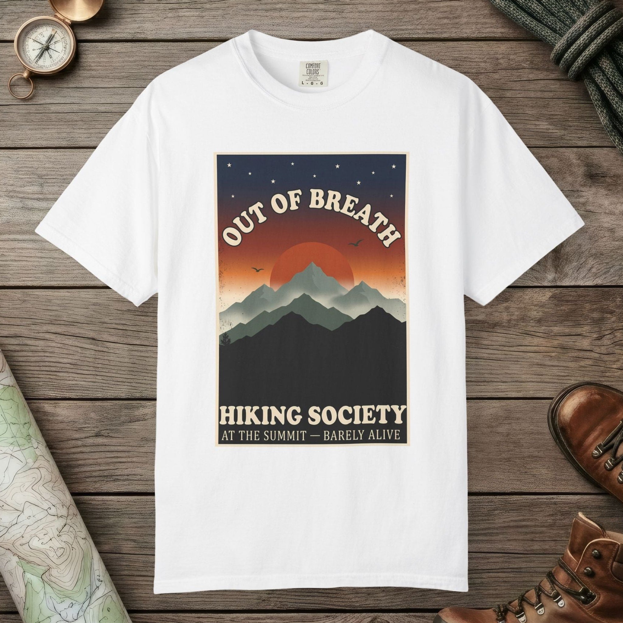 White color unisex graphic t-shirt with "Out Of Breath Barely Alive" design
