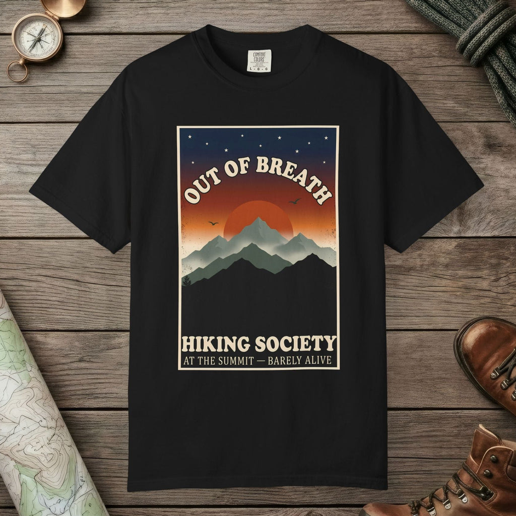 Black color unisex graphic t-shirt with "Out Of Breath Barely Alive" design