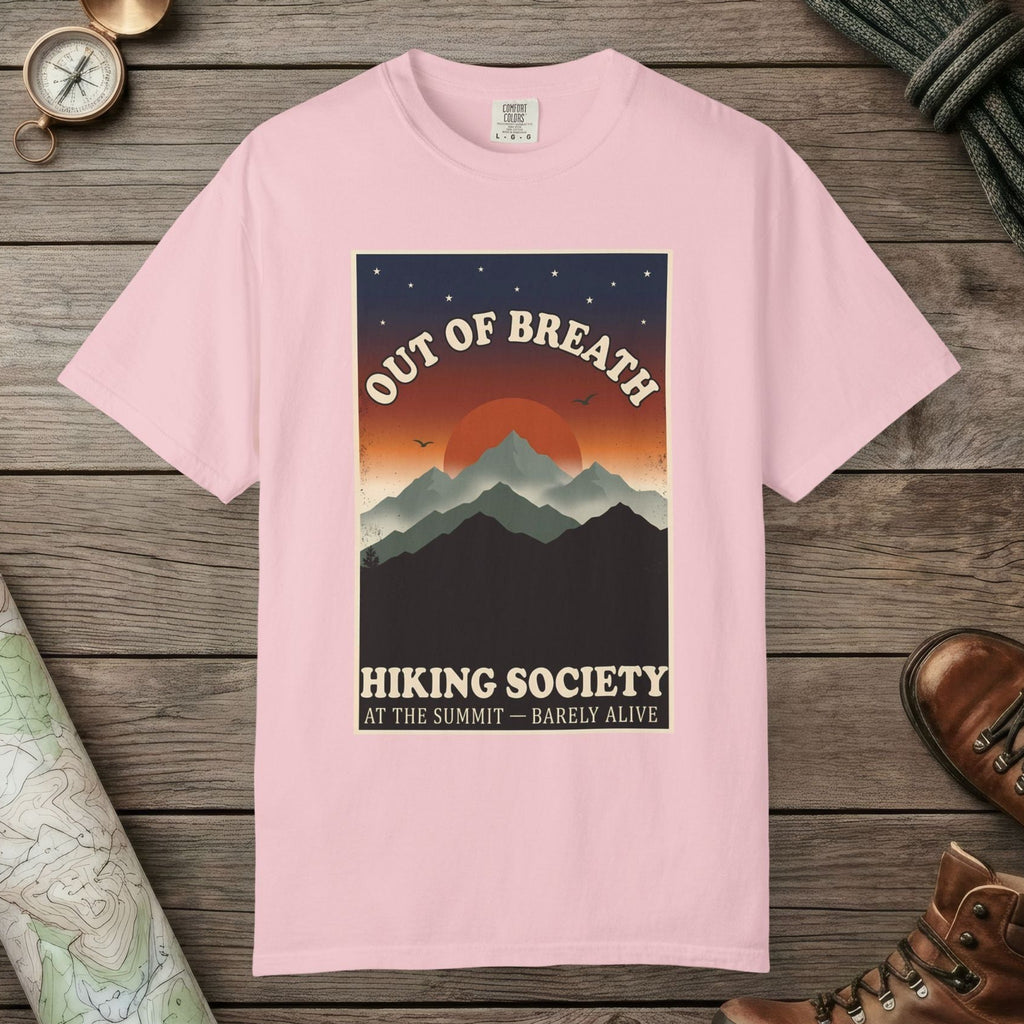Blossom color unisex graphic t-shirt with "Out Of Breath Barely Alive" design