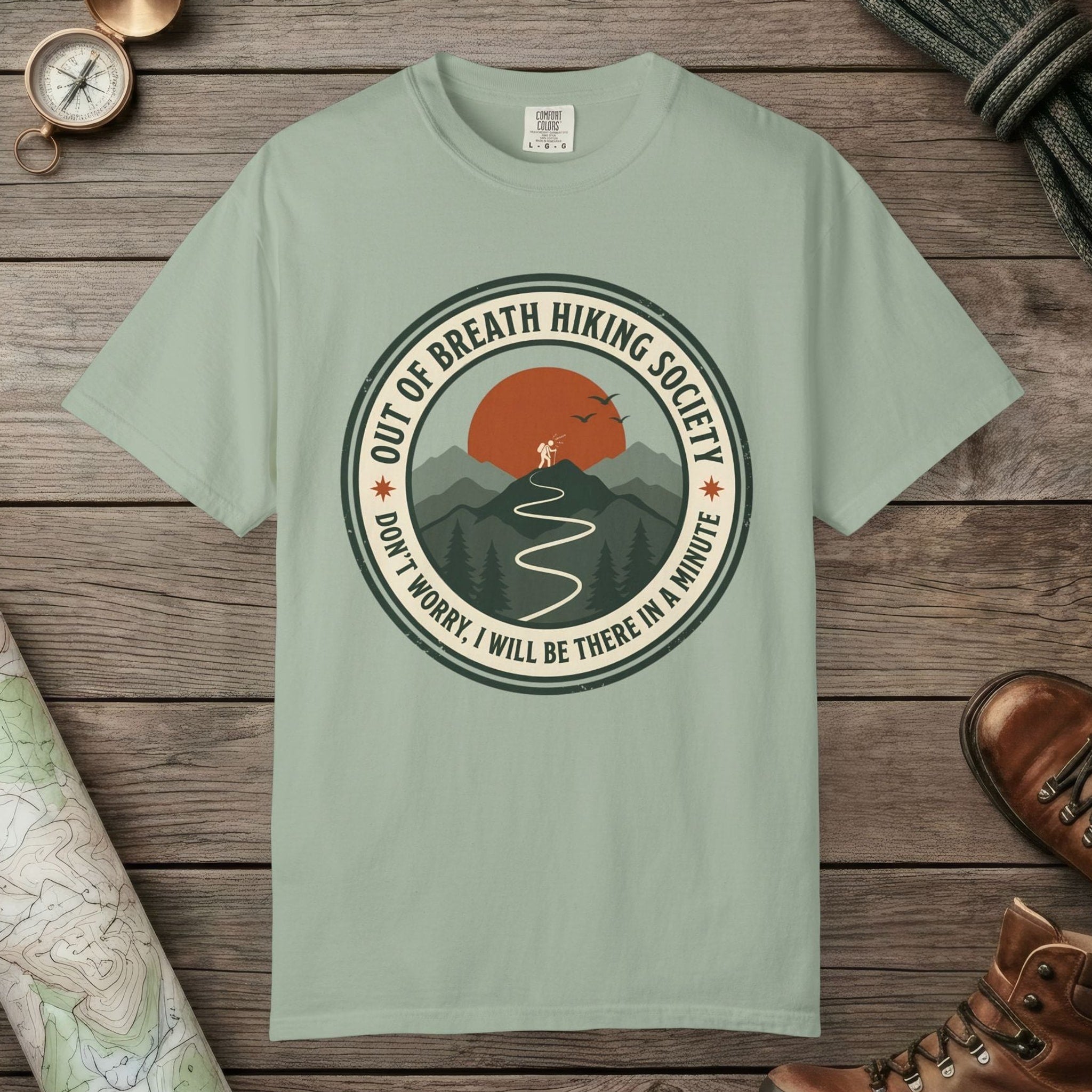 Bay color unisex graphic t-shirt with "Out Of Breath Funny Hiking" design