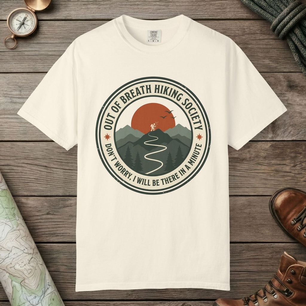 Ivory color unisex graphic t-shirt with "Out Of Breath Funny Hiking" design