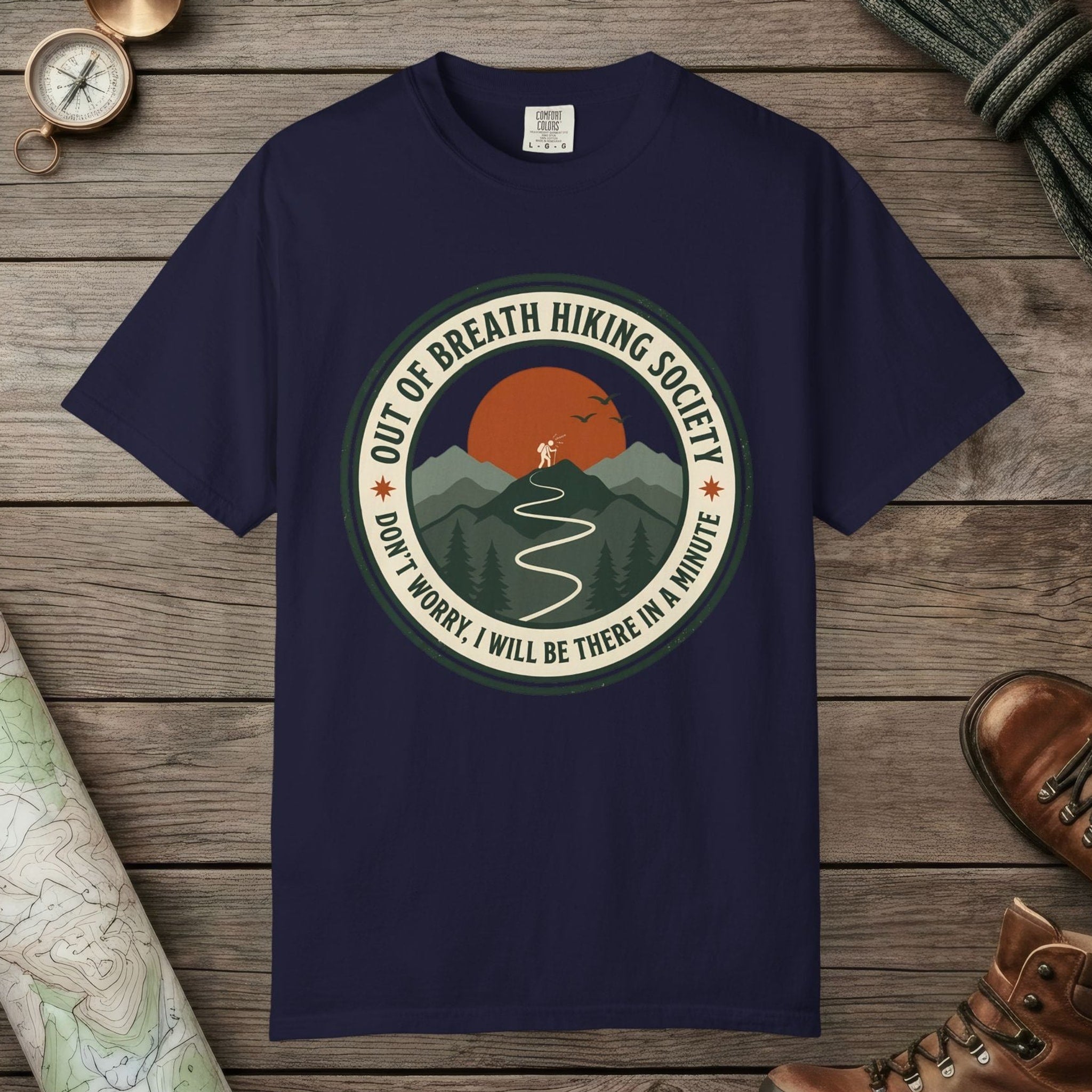 True Navy color unisex graphic t-shirt with "Out Of Breath Funny Hiking" design