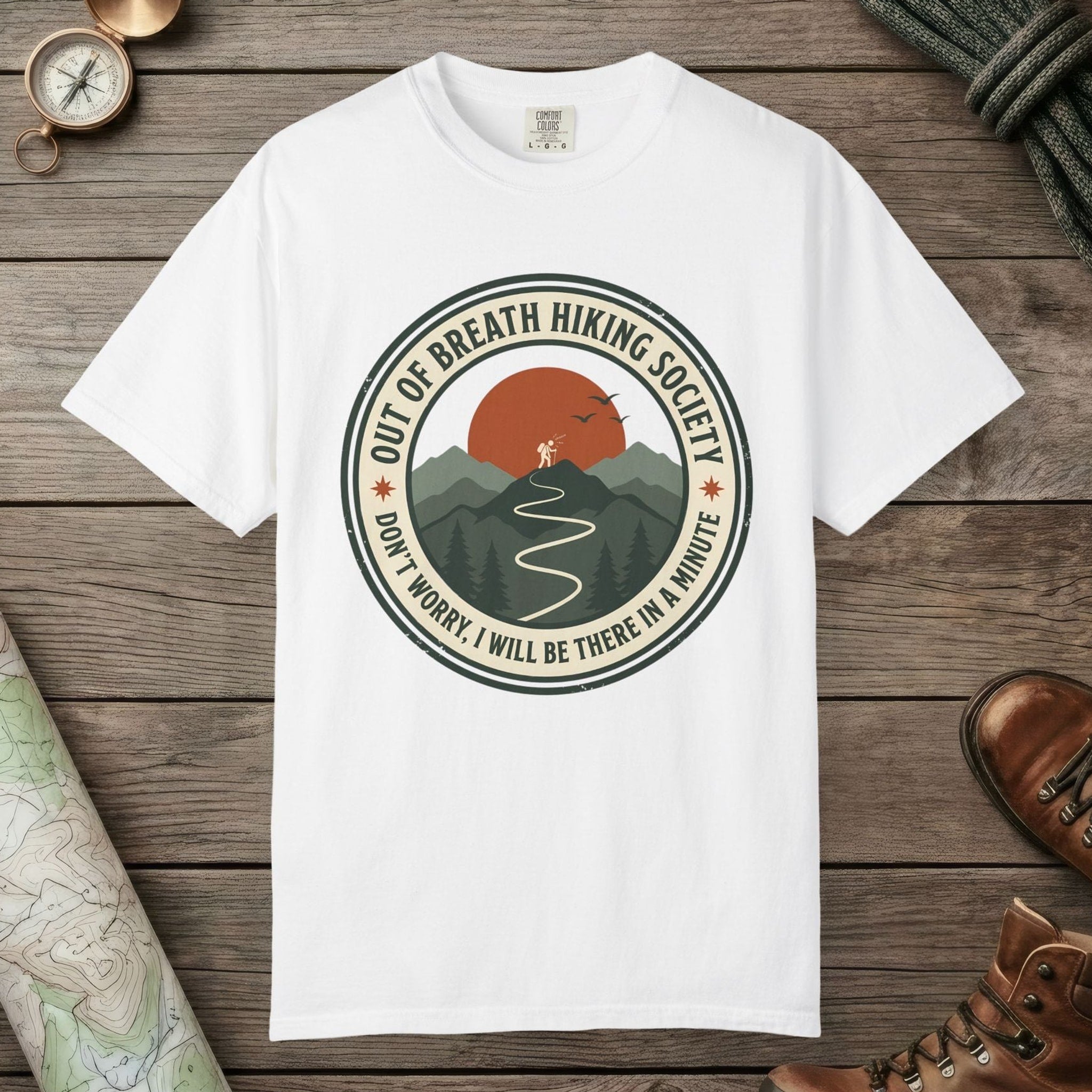 White color unisex graphic t-shirt with "Out Of Breath Funny Hiking" design