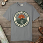 Grey color unisex graphic t-shirt with "Out Of Breath Funny Hiking" design