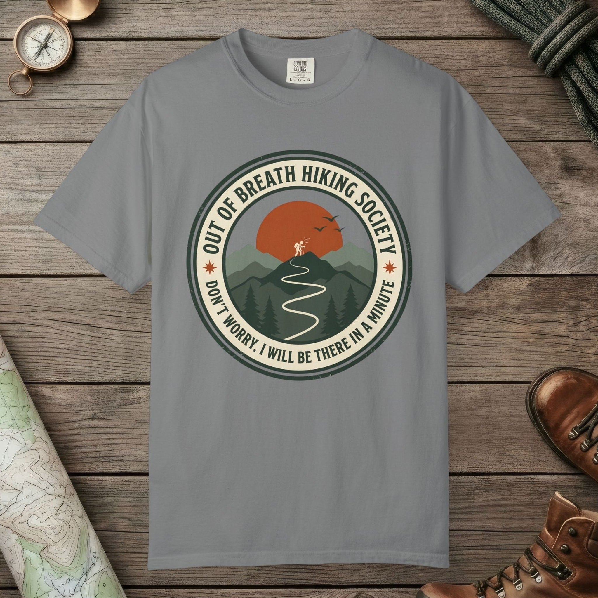 Grey color unisex graphic t-shirt with "Out Of Breath Funny Hiking" design
