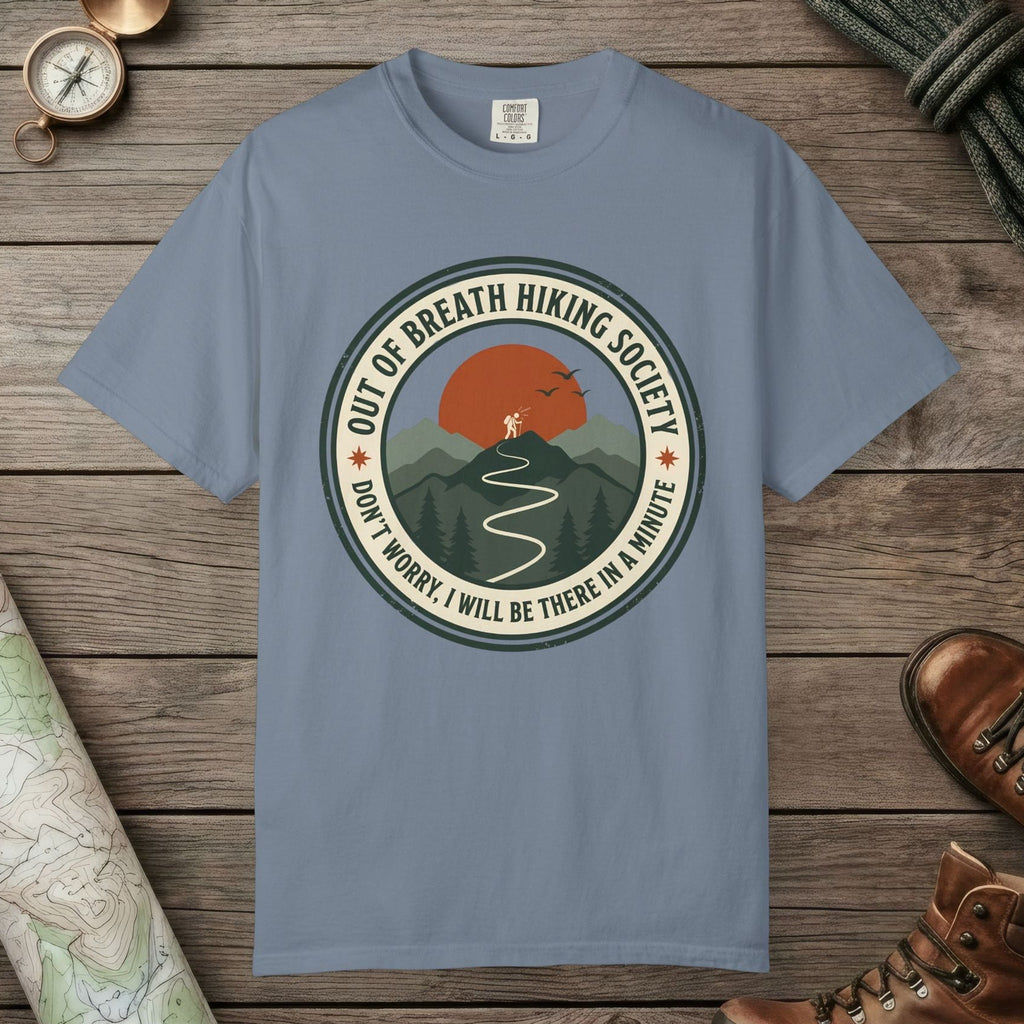 Blue Jean color unisex graphic t-shirt with "Out Of Breath Funny Hiking" design