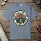 Blue Jean color unisex graphic t-shirt with "Out Of Breath Funny Hiking" design