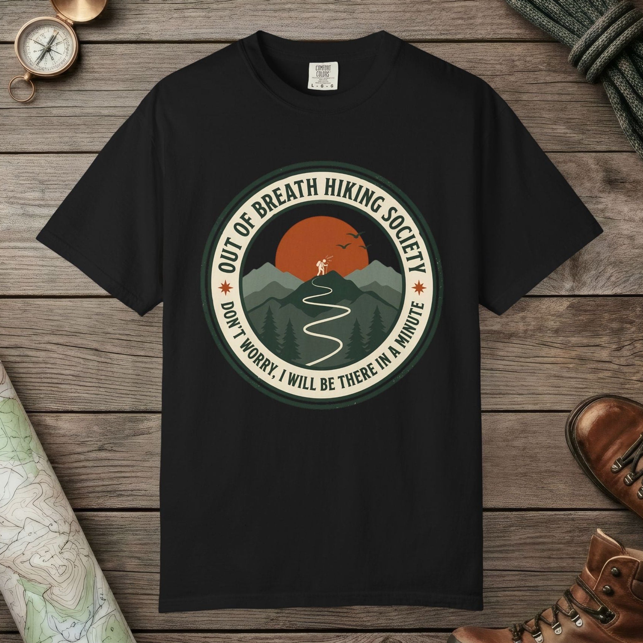 Black color unisex graphic t-shirt with "Out Of Breath Funny Hiking" design