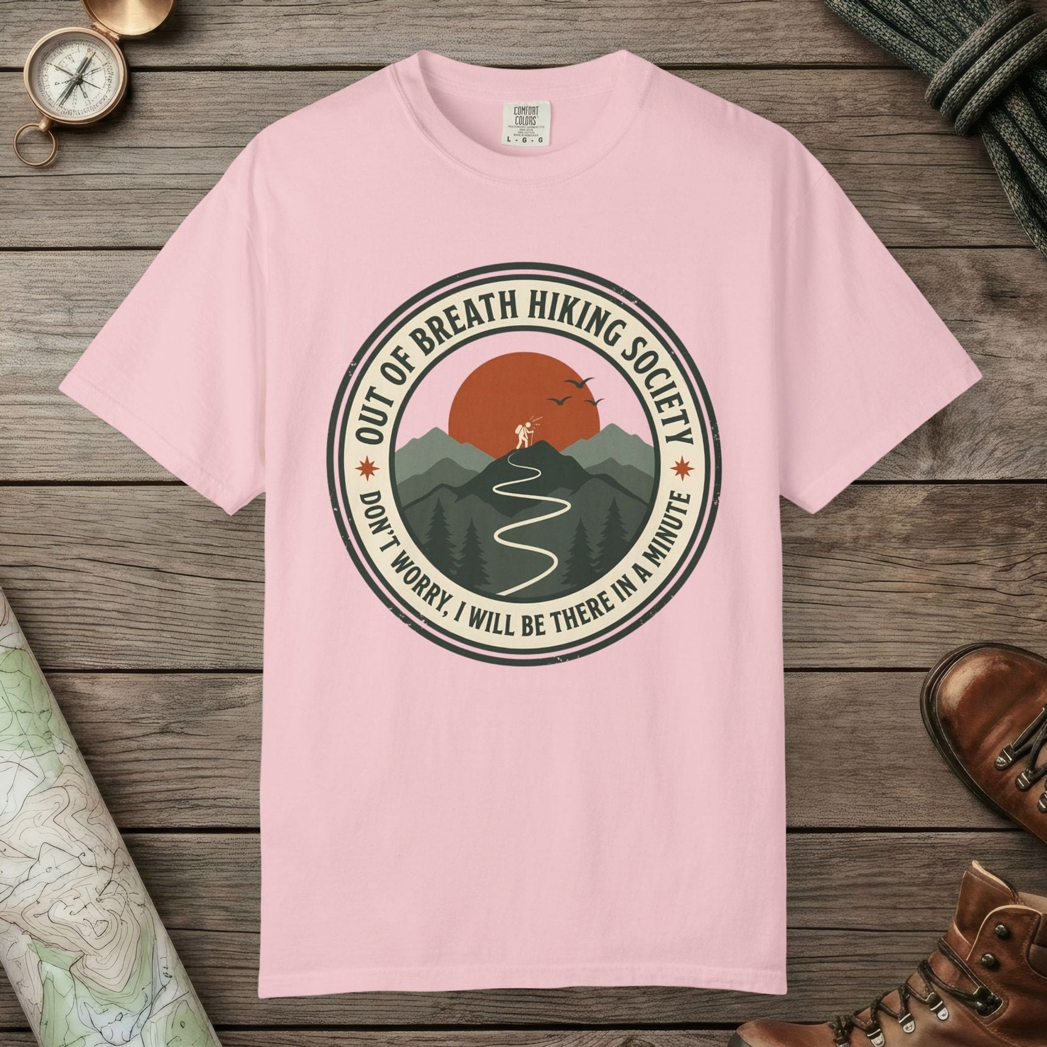 Blossom color unisex graphic t-shirt with "Out Of Breath Funny Hiking" design