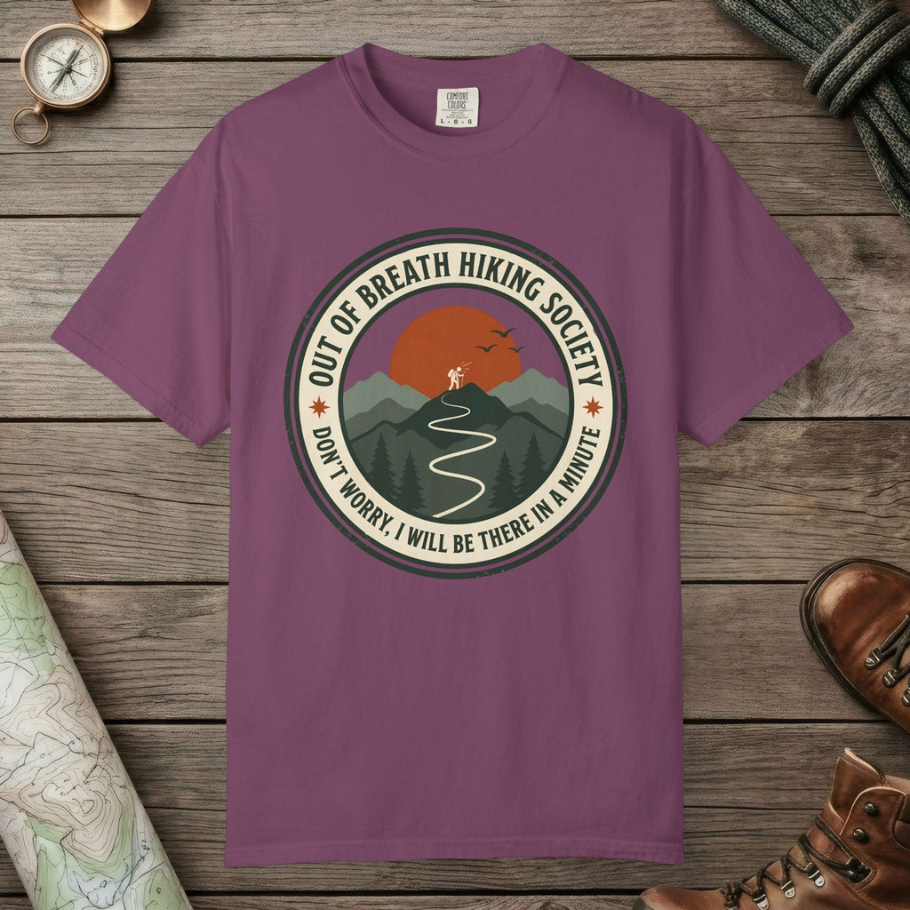 Berry color unisex graphic t-shirt with "Out Of Breath Funny Hiking" design