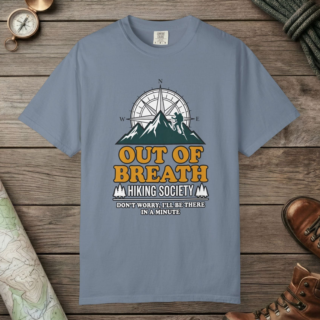 Blue Jean color unisex graphic t-shirt with "Out Of Breath Hiking Society" design